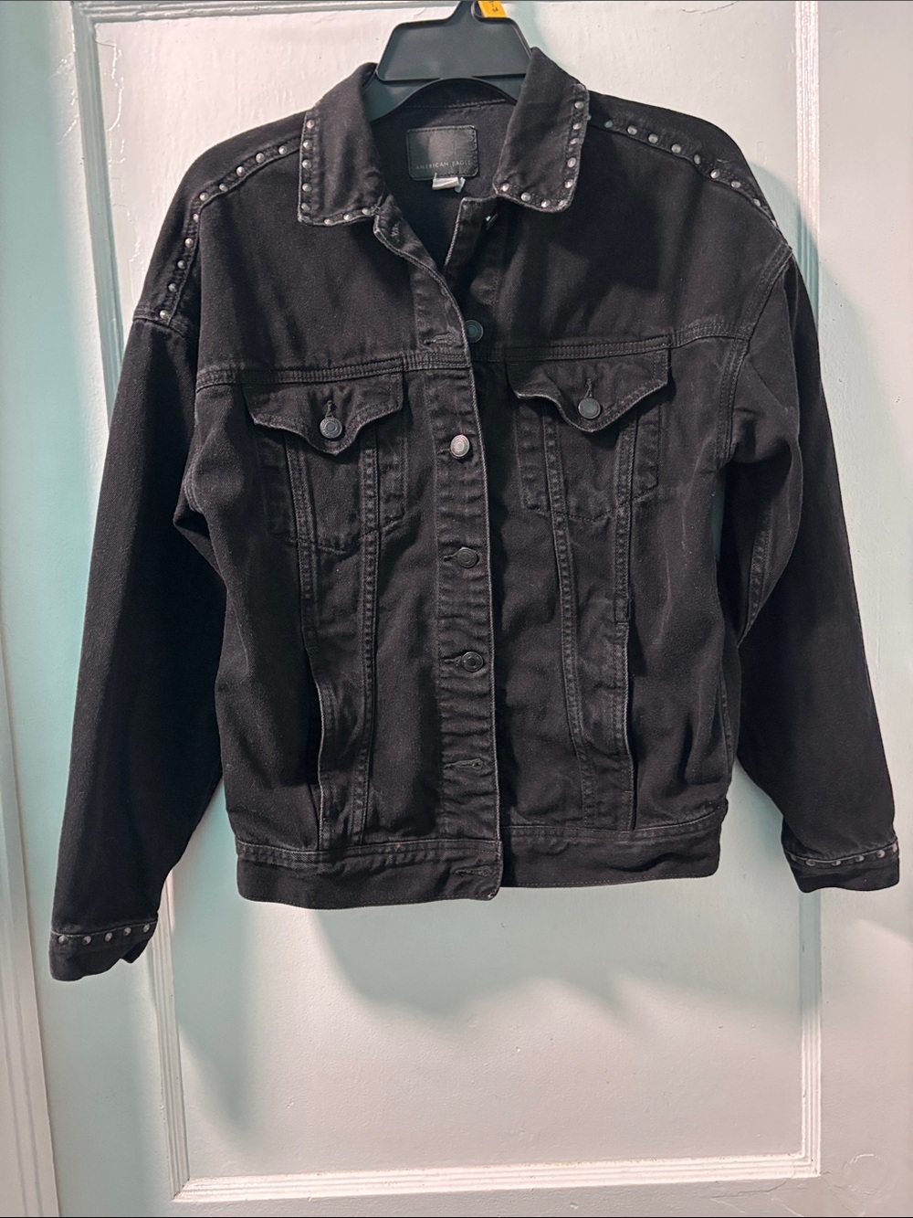 American Eagle Outfitters Black Stud-Accent Denim Trucker Jacket